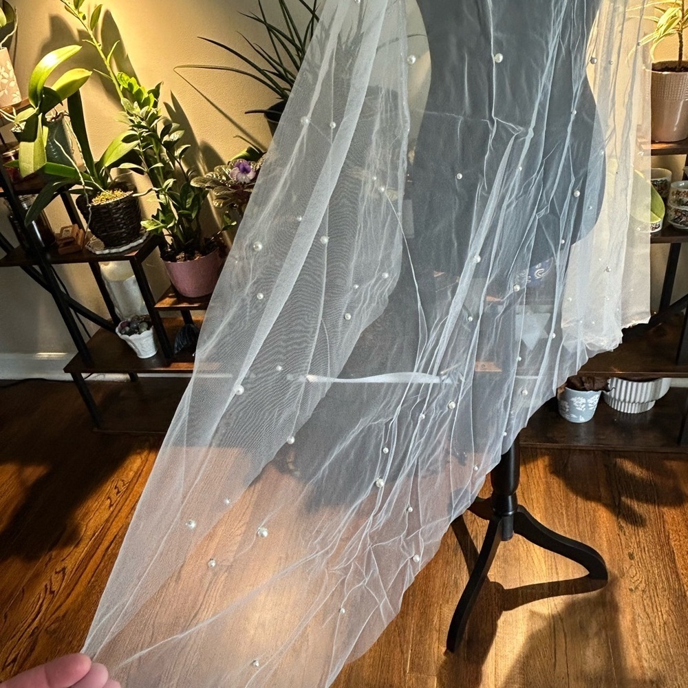 Elegant White Beaded Fingertip Bridal Veil - Picture 4 of 9